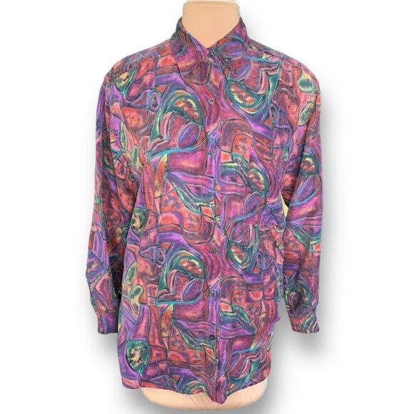 Vintage Diana Marco Shirt Abstract Print Purple Silk Button Up Long Sleeve - Picture 1 of 9